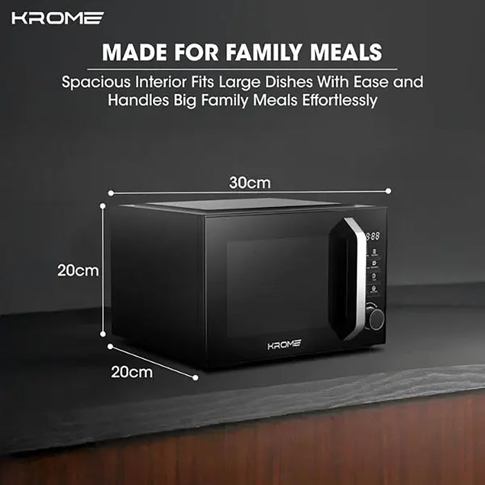 Krome Microwave Oven 25L Capacity| 900W Output| 5 Power Levels| 95-Minute Timer| 8 Auto Menus| Child Safety Lock| Grey Painted Cavity| Black Color | KR-MW25DM