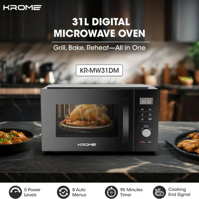 Krome Microwave Oven with Grill 31L Capacity| 1000W Output| 5 Power Levels| 95-Minute Timer| Grill Rack| Grey Painted Cavity| Black Color | KR-MW31DM