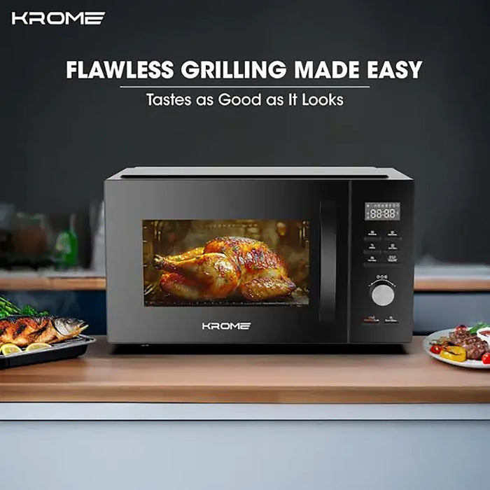Krome Microwave Oven with Grill 31L Capacity| 1000W Output| 5 Power Levels| 95-Minute Timer| Grill Rack| Grey Painted Cavity| Black Color | KR-MW31DM