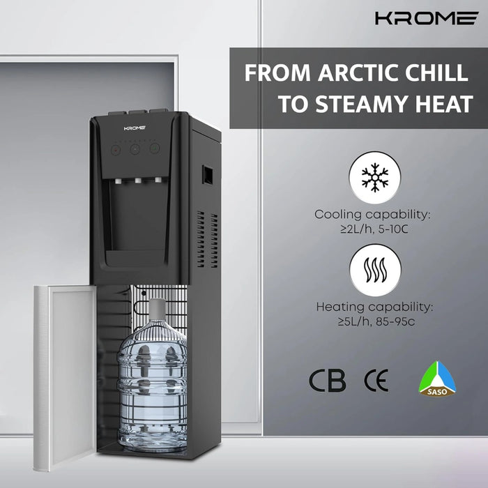 KROME Top & Bottom Loading Water Dispenser | Hot, Cold & Normal Water (3 Taps) | Floor Standing | SUS 304 Tank | Food-Grade Silicone Tube | Child Lock | Silver & Black | KR-WDTBL 3TW