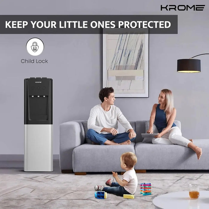 KROME Top & Bottom Loading Water Dispenser | Hot, Cold & Normal Water (3 Taps) | Floor Standing | SUS 304 Tank | Food-Grade Silicone Tube | Child Lock | Silver & Black | KR-WDTBL 3TW