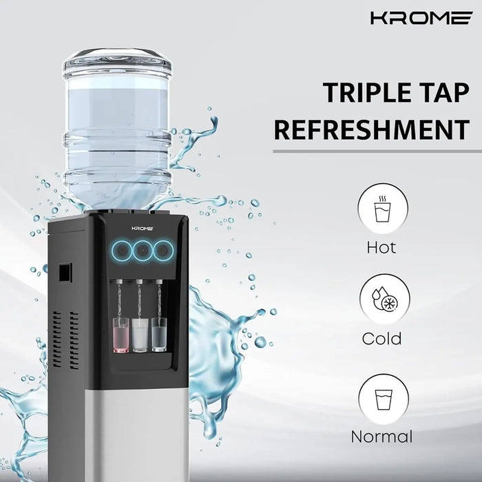 KROME Top & Bottom Loading Water Dispenser | Hot, Cold & Normal Water (3 Taps) | Floor Standing | SUS 304 Tank | Food-Grade Silicone Tube | Child Lock | Silver & Black | KR-WDTBL 3TW
