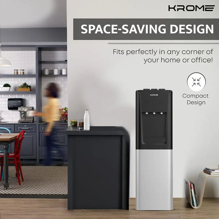 KROME Top & Bottom Loading Water Dispenser | Hot, Cold & Normal Water (3 Taps) | Floor Standing | SUS 304 Tank | Food-Grade Silicone Tube | Child Lock | Silver & Black | KR-WDTBL 3TW