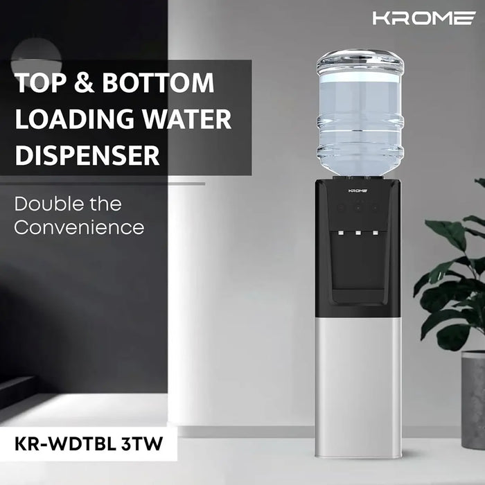 KROME Top & Bottom Loading Water Dispenser | Hot, Cold & Normal Water (3 Taps) | Floor Standing | SUS 304 Tank | Food-Grade Silicone Tube | Child Lock | Silver & Black | KR-WDTBL 3TW