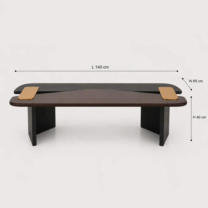 A dark brown wooden low table with black legs and light tan rectangular accents on the top, shown on a light gray background with dimension lines indicating L 140 cm, W 65 cm, and H 40 cm.