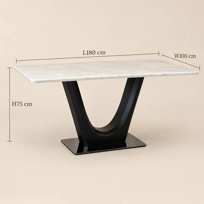 A dining table with a white marble-look rectangular top and a glossy black curved pedestal base, shown on a beige background with dimension labels indicating 180 cm length, 100 cm width, and 75 cm height.