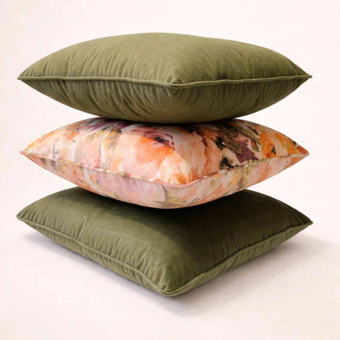 Watercolour Floral Print & Green Velvet Pillow Set