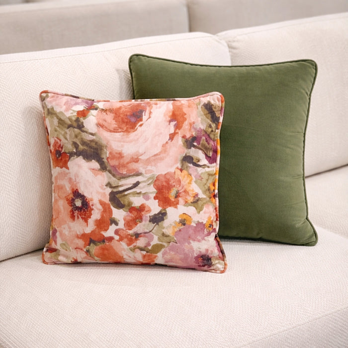Watercolour Floral Print & Green Velvet Pillow Set