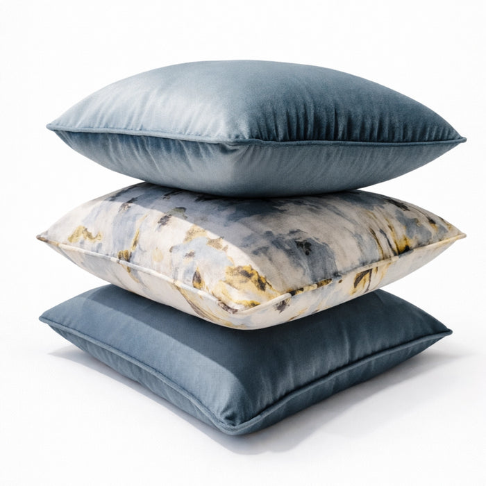 Wildflower Pattern & Blue Velvet Pillow Set