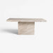 A modern rectangular console table with a thick, flat top and a single block pedestal base, both crafted from light beige marble with subtle cream and gray veining, shown against a plain white background.