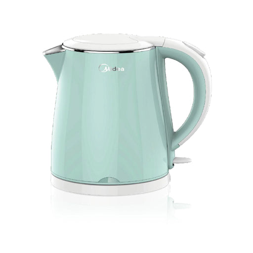 Midea electric kettle with a light green body and white base on a white background