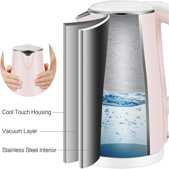 Pink electric kettle with labeled features on a white background