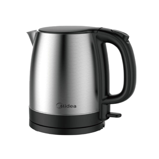 Stainless steel electric kettle with black handle on a white background, featuring the Midea brand.
