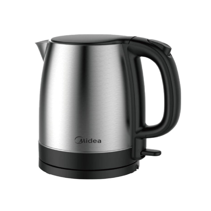 Stainless steel electric kettle with black handle on a white background, featuring the Midea brand.