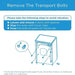 Instructional diagram on removing transport bolts with text and icon on a blue background