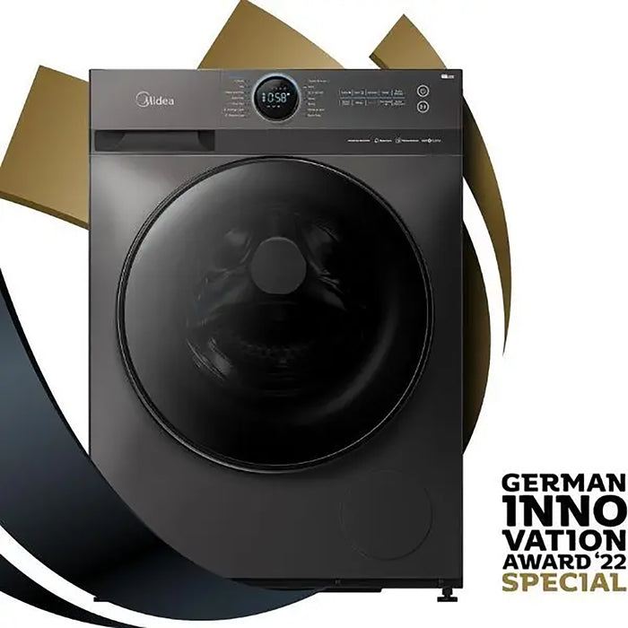 Black Midea washing machine with 'German Innovation Award 2022 Special Mention' text on a white background