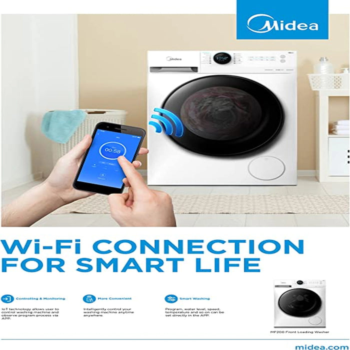 Midea 10KG Front Load Smart Washing Machine with Lunar Dial | 1400 RPM | 14 Programs | Fully Automatic Washer with Wide Door | Digital LED Display | Child Lock | Steam Care | Wi-Fi Connectivity | MF200W100WBW