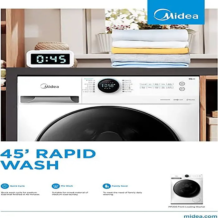 Midea 10KG Front Load Smart Washing Machine with Lunar Dial | 1400 RPM | 14 Programs | Fully Automatic Washer with Wide Door | Digital LED Display | Child Lock | Steam Care | Wi-Fi Connectivity | MF200W100WBW