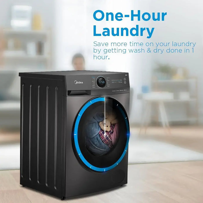 Black dryer with blue accent in a laundry room setting, featuring text about one-hour laundry.