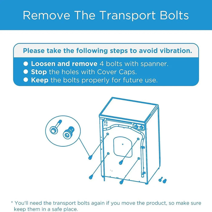 Instructional diagram on removing transport bolts with text and icon on a blue background