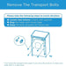 Instructional diagram on removing transport bolts with text and icon on a blue background