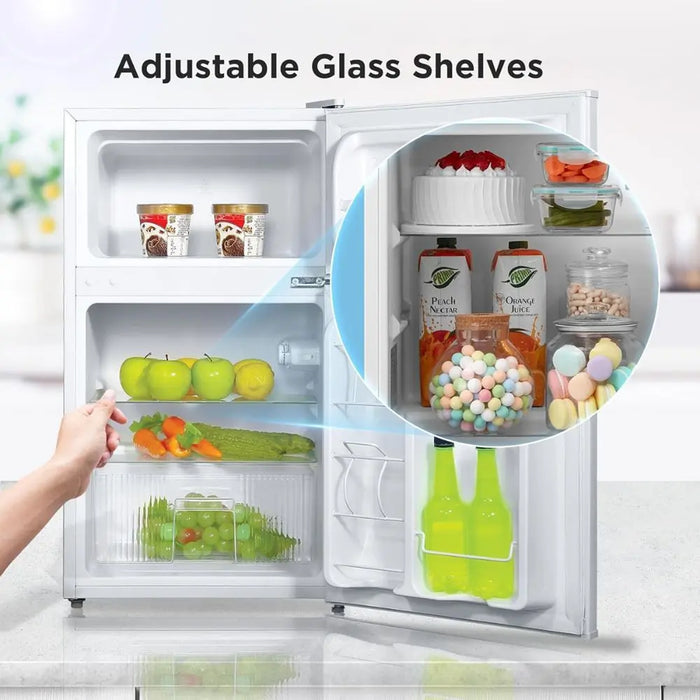 Midea 134L Gross & 87L Net Double Door Refrigerator | Separate Chiller Compartment | 2L Bottle Holder | Mini Fridge for Kitchen | Bedroom | Office & Bar | Inverter Quattro | White | MDRT134FGE01AE