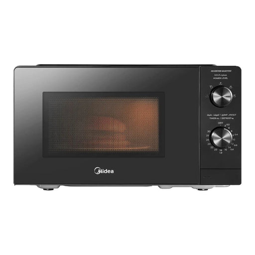 Black microwave oven with silver control panel on a white background