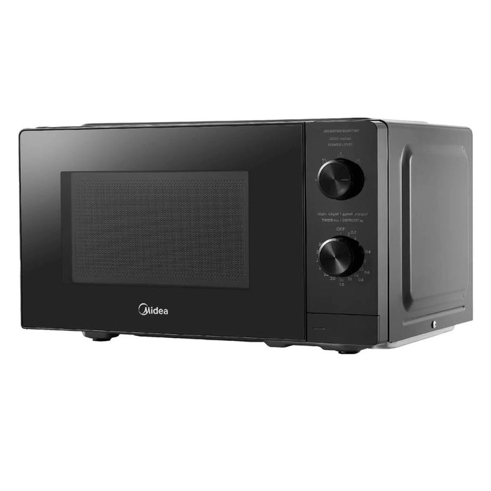 Black microwave oven with Midea branding on a white background