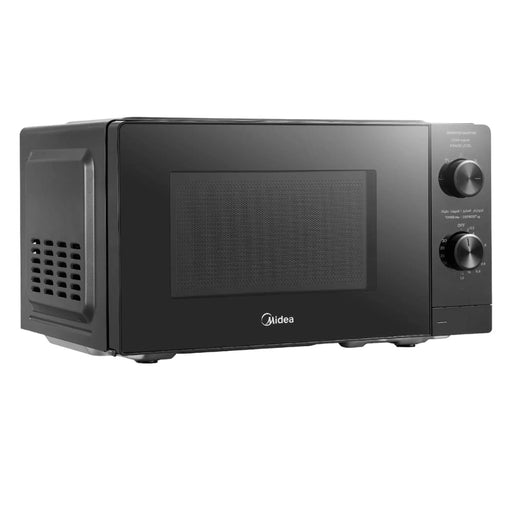 Black Midea microwave oven on a white background