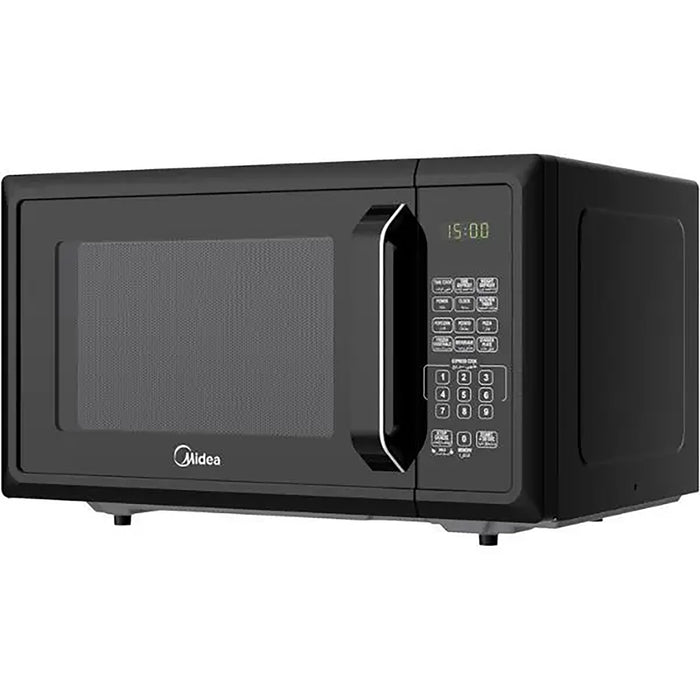 Black microwave oven with digital display on a white background