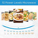 Illustration of a microwave with 10 power levels and various food images.