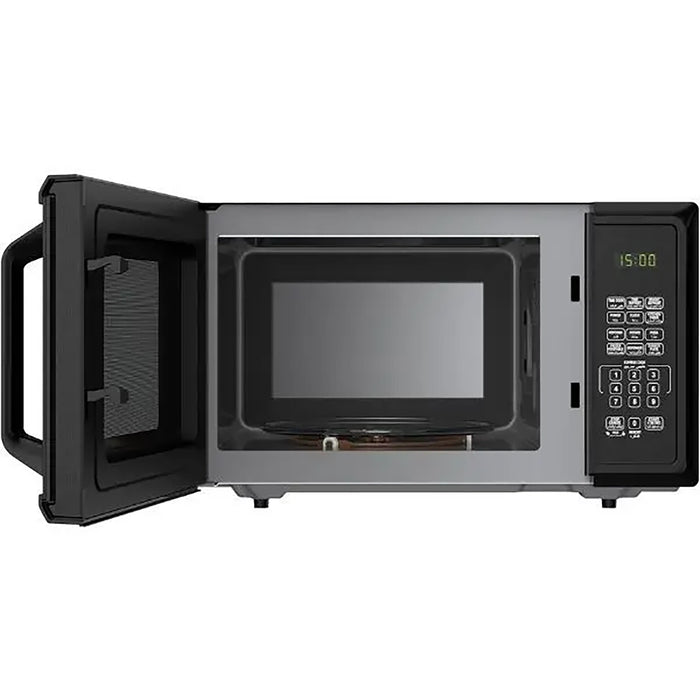 Black microwave oven with open door on a white background