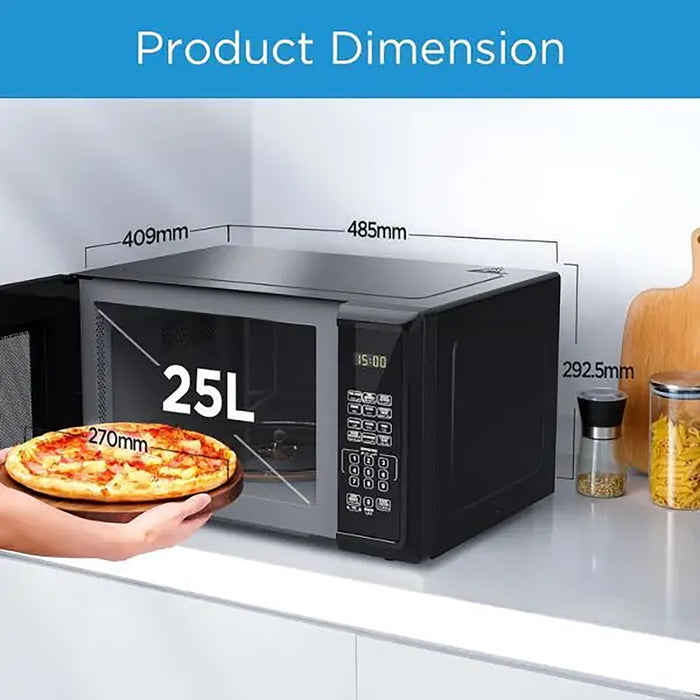 Black microwave oven with dimensions displayed, showing a pizza inside.