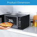 Black microwave oven with dimensions displayed, showing a pizza inside.