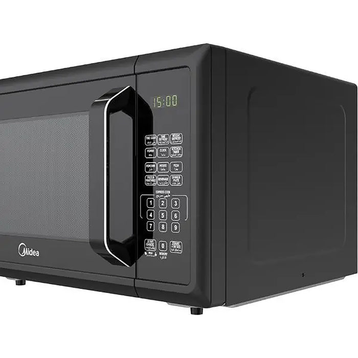 Black microwave oven with digital display on a white background