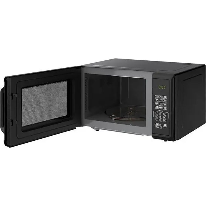 Black microwave oven with open door on a white background