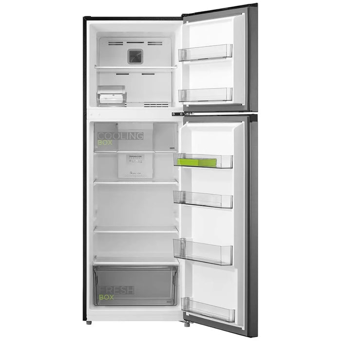 Empty refrigerator with open doors on a white background