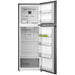 Empty refrigerator with open doors on a white background
