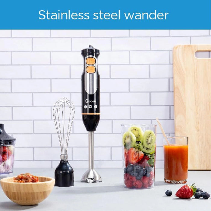 Midea 4-in-1 Hand Blender Set | 600W DC Motor | Stainless Steel Blade | Chops, Whisks, Blends | Soups, Smoothies, Sauces & More | Variable Speed + Turbo | MJBH6001W