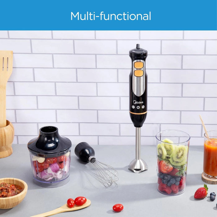 Midea 4-in-1 Hand Blender Set | 600W DC Motor | Stainless Steel Blade | Chops, Whisks, Blends | Soups, Smoothies, Sauces & More | Variable Speed + Turbo | MJBH6001W