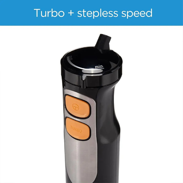 Black and silver handheld device with orange buttons on a white background, labeled 'Turbo + stepless speed'.