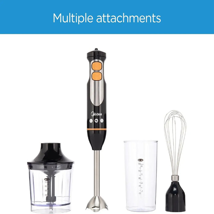 Midea 4-in-1 Hand Blender Set | 600W DC Motor | Stainless Steel Blade | Chops, Whisks, Blends | Soups, Smoothies, Sauces & More | Variable Speed + Turbo | MJBH6001W