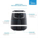 Black air fryer with features highlighted on a white background, featuring the Midea brand.