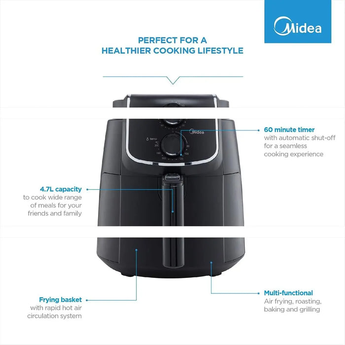 Midea 4.7L XL Digital Air Fryer |1500W| Dual Cyclone Rapid Hot Technology for Frying, Grilling, Broiling, Roasting, Baking, Toasting, Timer up to 60 minutes Temperature Control up to 200C | MFCN40D2