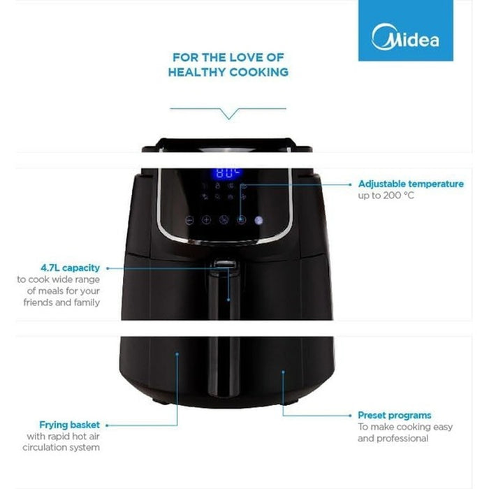 Midea 4.7L XL Digital Air Fryer |1500W| Dual Cyclone Rapid Hot Technology for Frying, Grilling, Broiling, Roasting, Baking, Toasting, Timer up to 60 minutes Temperature Control up to 200C | MFCN40D2