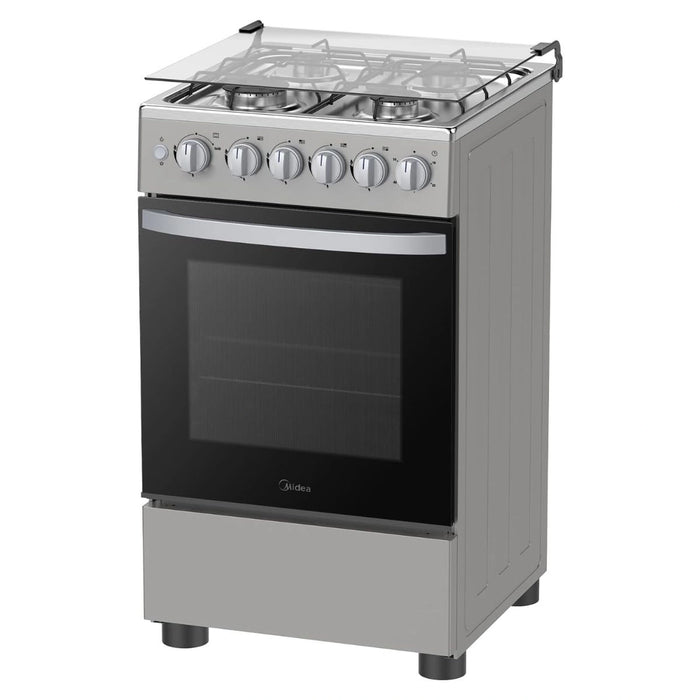 Midea 50 x 55cm Freestanding Cooker | Full Gas Cooking Range With 4 Burners | Stainless Steel | Automatic Ignition & Full Safety | Cast Iron Pan Support | Heat Resistant Knobs | MFO-MG20TESS-FFD