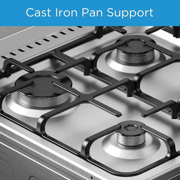 Gas stove with cast iron pan support on a blue background