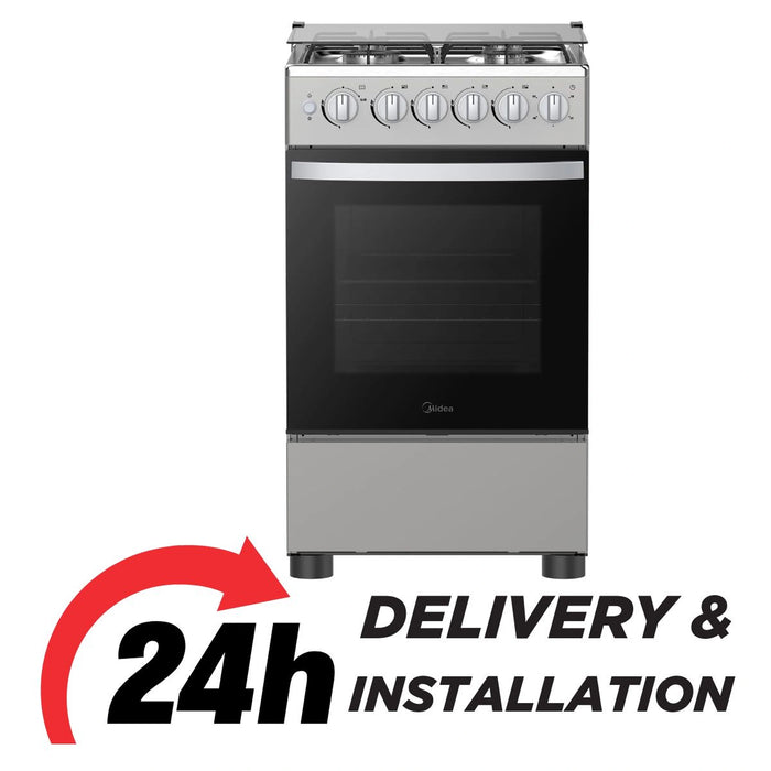 Midea 50 x 55cm Freestanding Cooker | Full Gas Cooking Range With 4 Burners | Stainless Steel | Automatic Ignition & Full Safety | Cast Iron Pan Support | Heat Resistant Knobs | MFO-MG20TESS-FFD