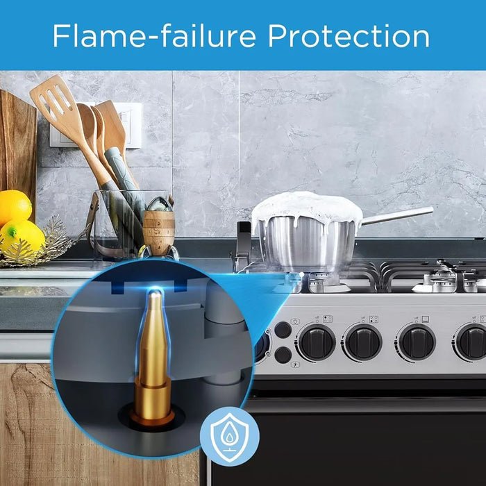 Kitchen stove with flame failure protection feature highlighted, including a close-up of the mechanism.