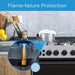 Kitchen stove with flame failure protection feature highlighted, including a close-up of the mechanism.